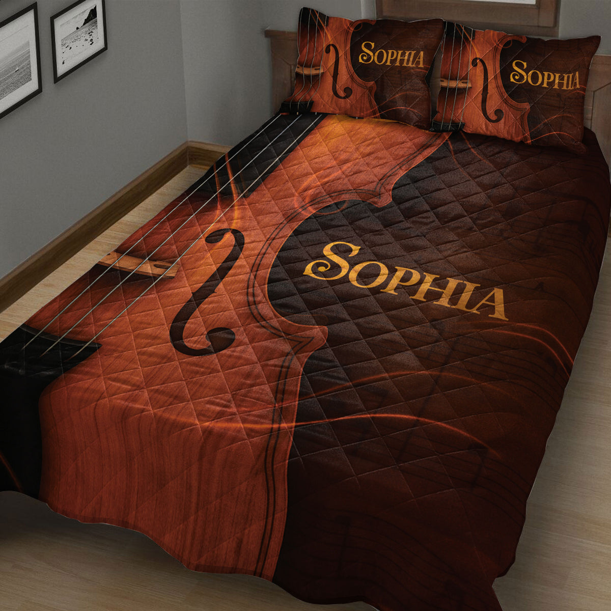 Close bedroom view of a brown and copper cello quilt blanket with musical instrument artwork