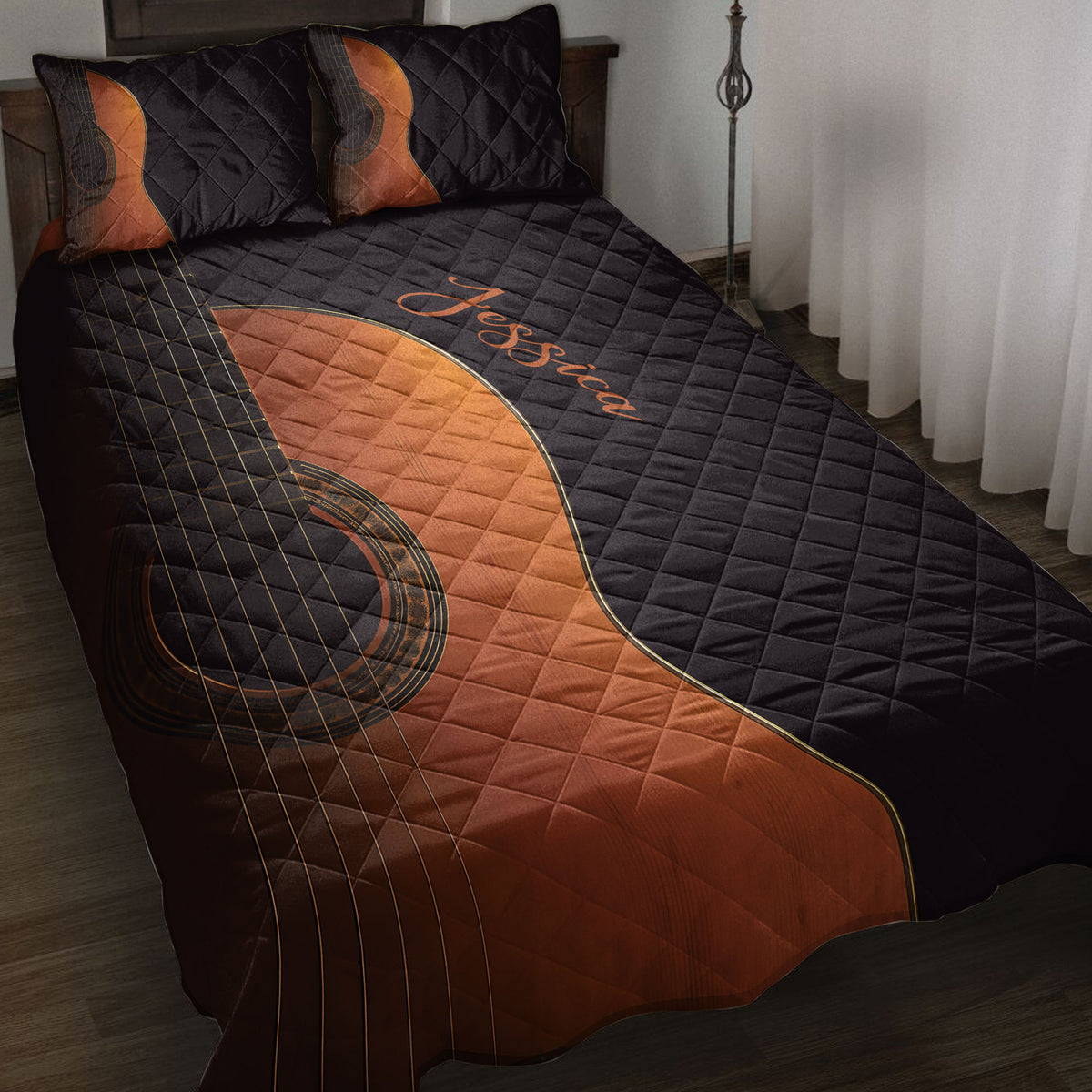 Black and copper guitar quilt blanket styled across a bedroom with matching guitar-themed pillows