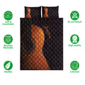 Guitar quilt bedding set displayed flat with black and copper artwork and product feature icons