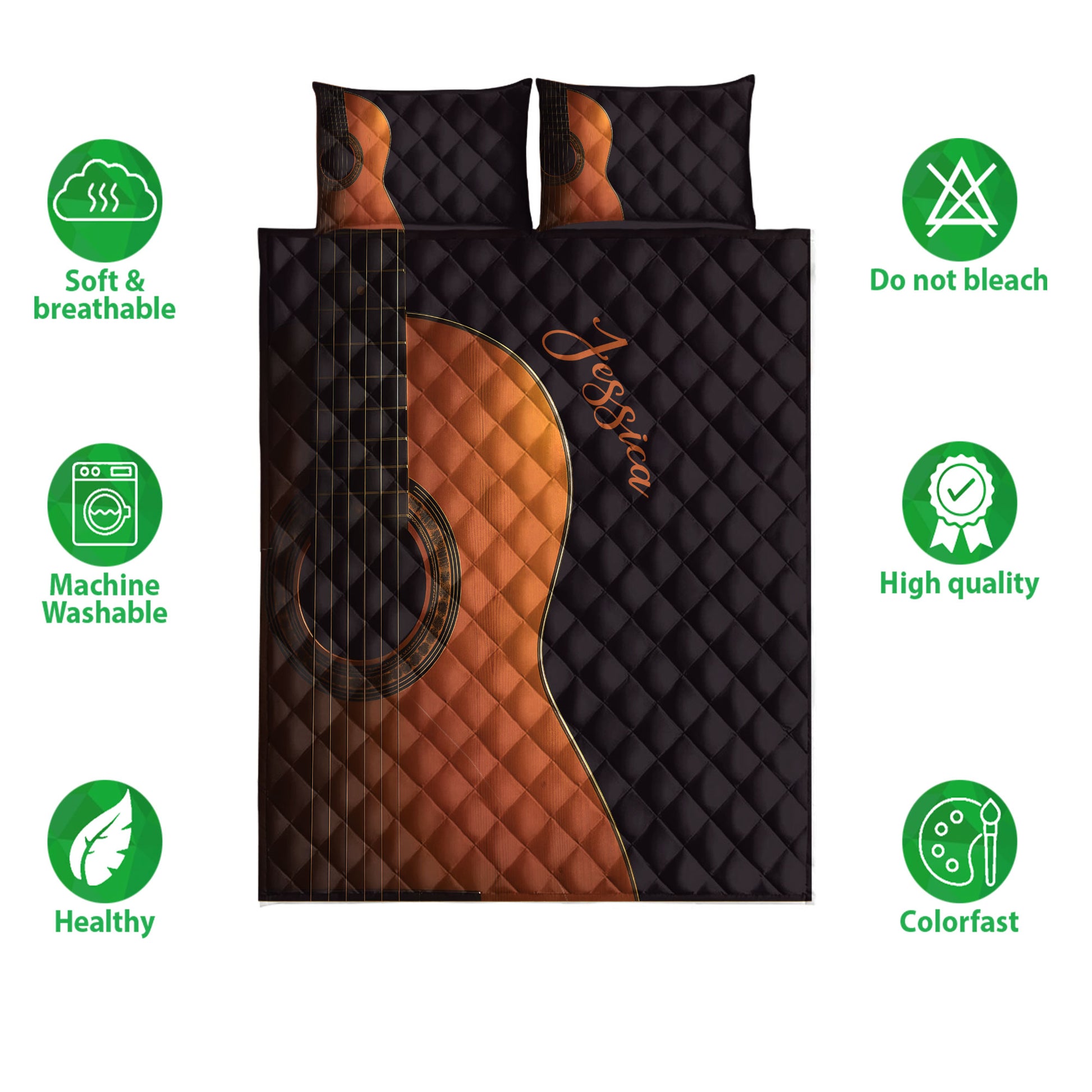 Guitar quilt bedding set displayed flat with black and copper artwork and product feature icons