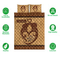 Elephant couple quilt bedding set shown with soft breathable and colorful design icons
