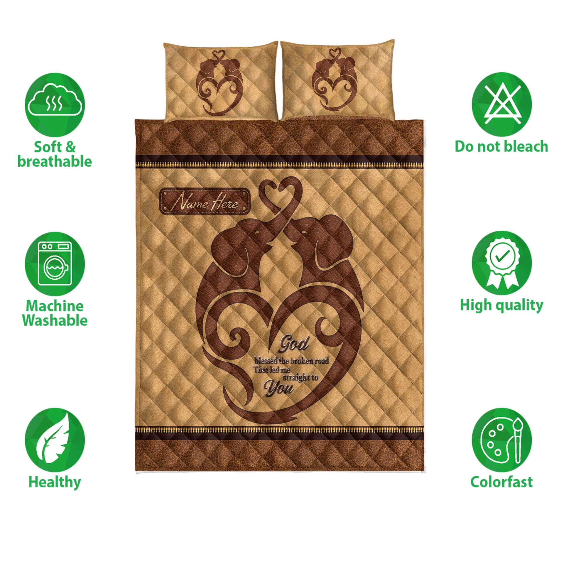 Elephant couple quilt bedding set shown with soft breathable and colorful design icons