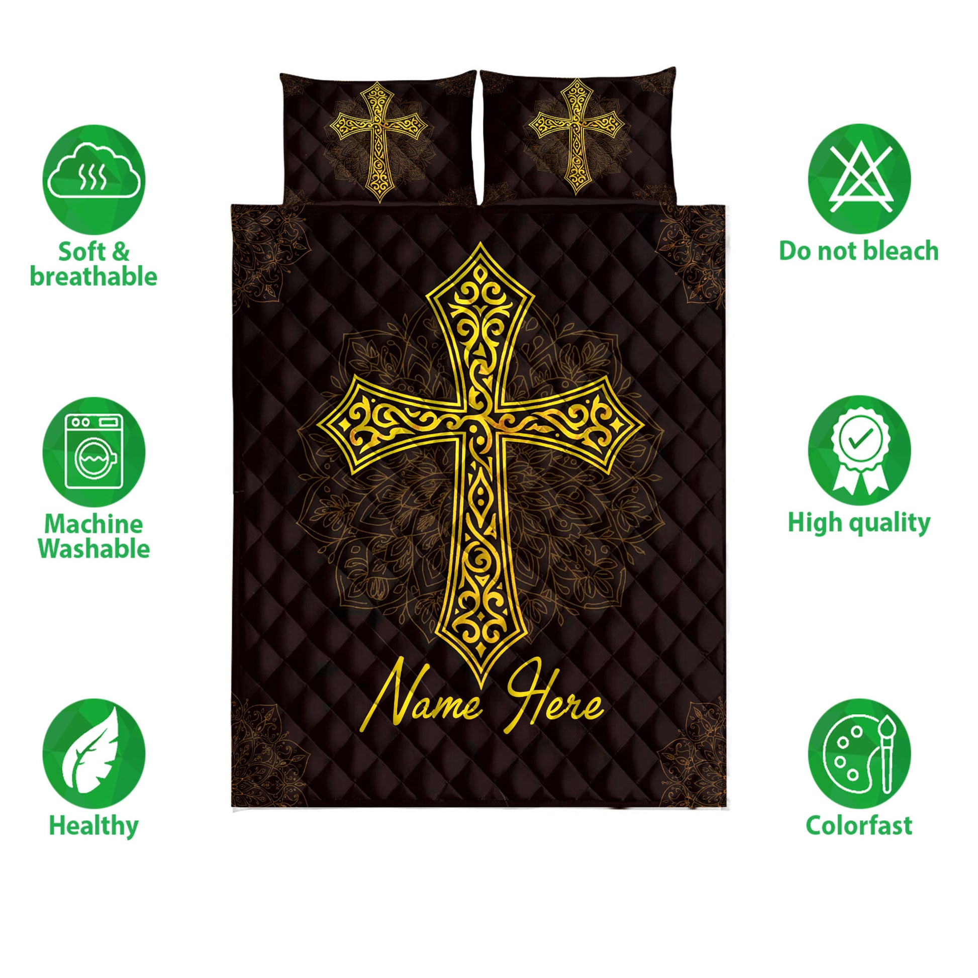 Christian cross quilt bedding set in black and gold shown with product feature icons