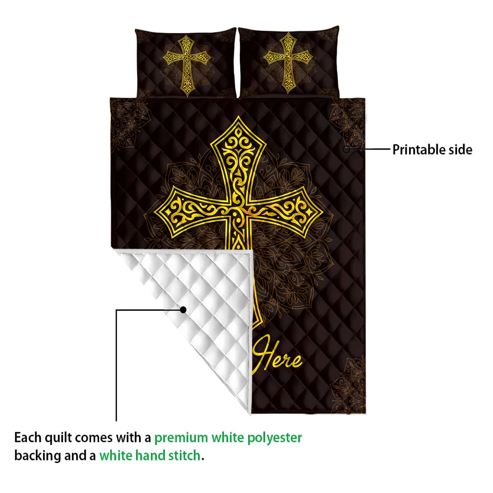 Christian cross quilt showing the printed black front and white quilted reverse