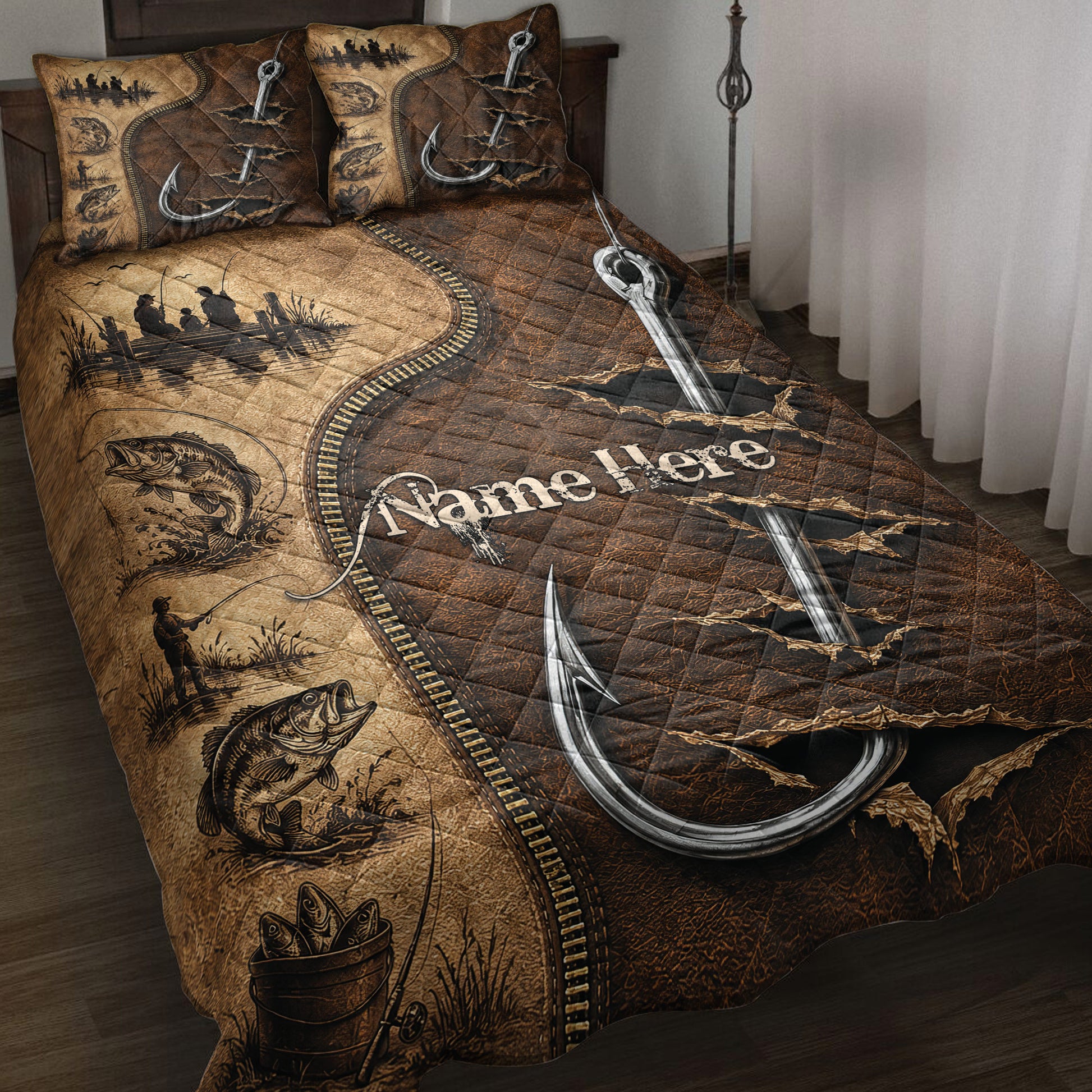 Fishing quilt blanket displayed on a bed with fish, anglers, lakeside scenes, and large fishing hook artwork