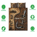 Fishing quilt bedding set shown with fish and angler artwork alongside soft breathable and colorfast feature icons