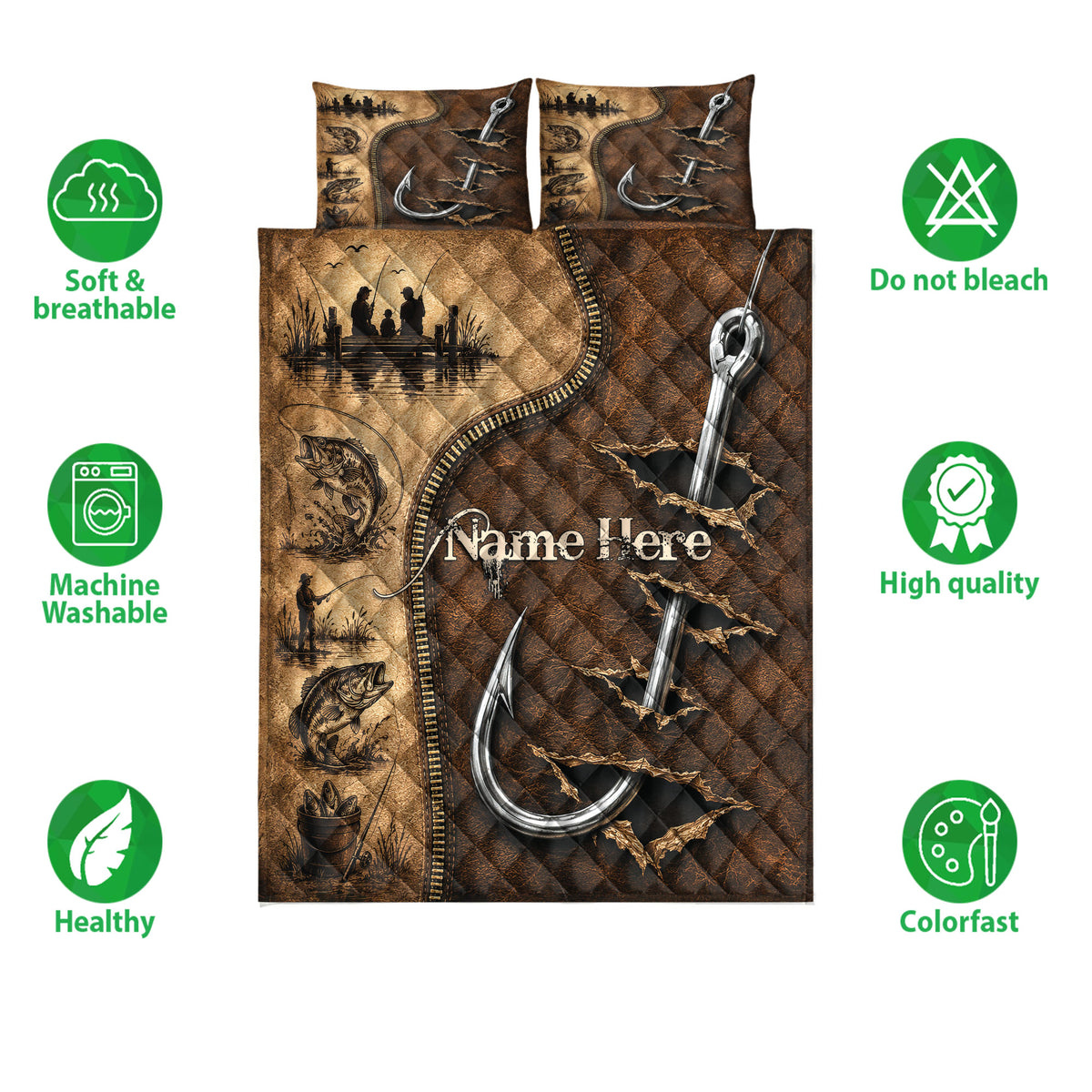 Fishing quilt bedding set shown with fish and angler artwork alongside soft breathable and colorfast feature icons