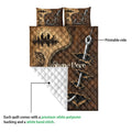 Fishing quilt blanket close-up showing printed artwork, white quilted backing, fish, anglers, and fishing hooks