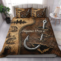 Fishing quilt bedding styled in a bright bedroom with fish, rods, hooks, and rustic brown lakeside artwork