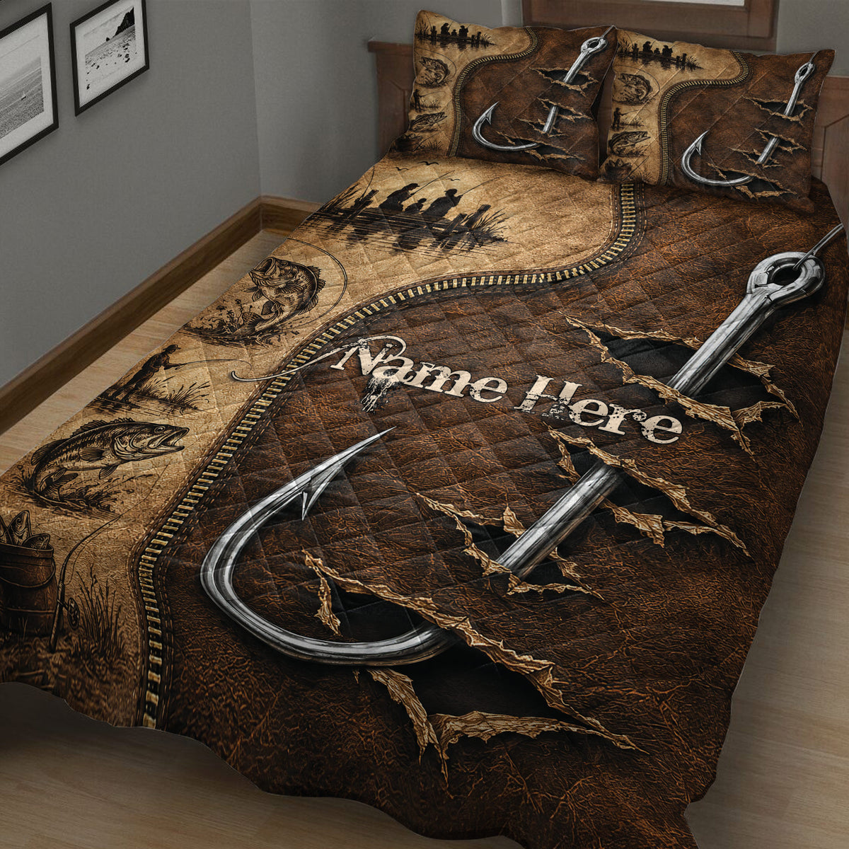 Rustic fishing quilt blanket displayed on a bed with bass, anglers, fishing hooks, and brown outdoor artwork