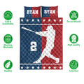 Front-facing baseball quilt bedding set with batter silhouette, stars, and red, white, and blue sports artwork