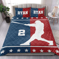 Baseball quilt blanket styled in a bedroom with patriotic red, white, and blue player artwork
