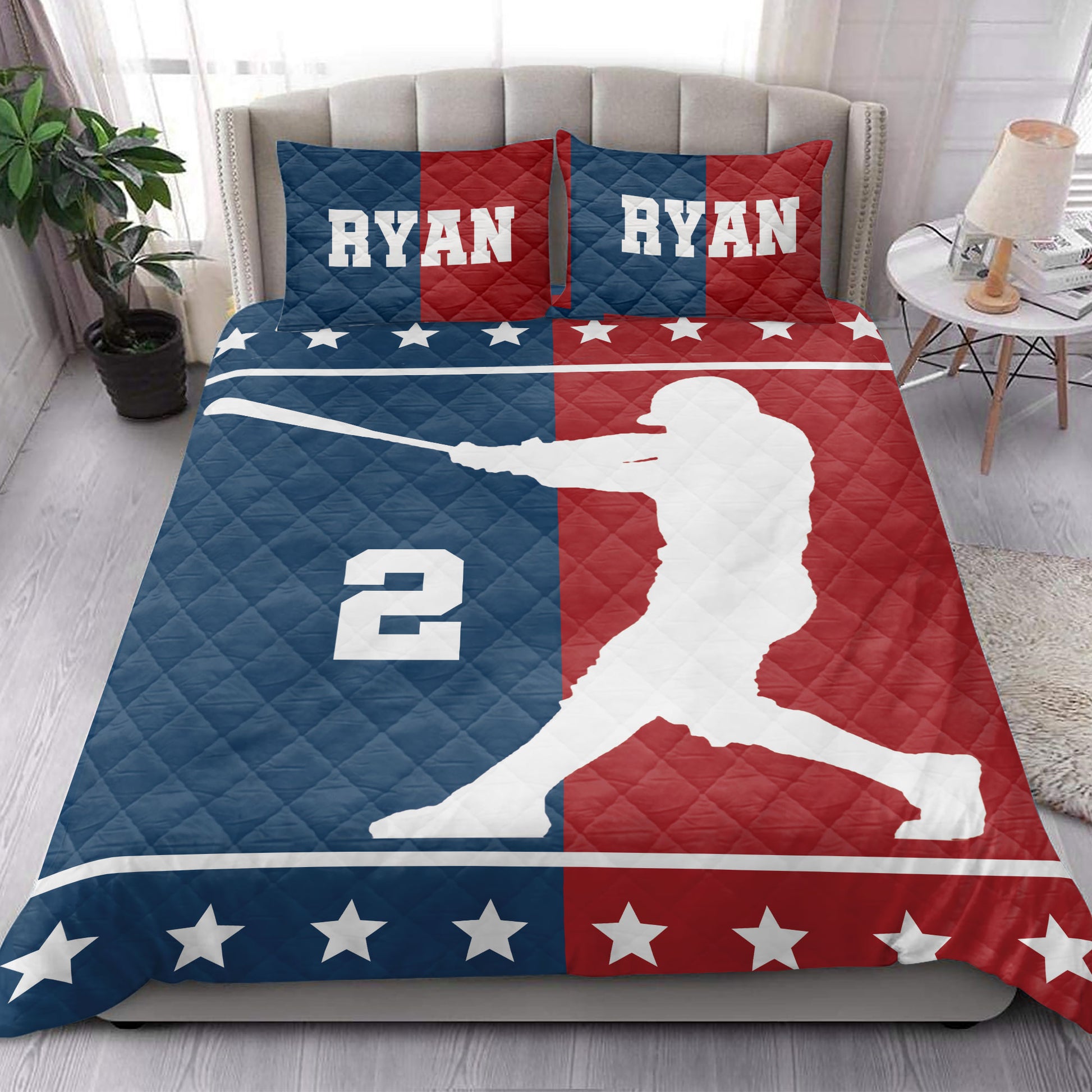 Baseball quilt blanket styled in a bedroom with patriotic red, white, and blue player artwork