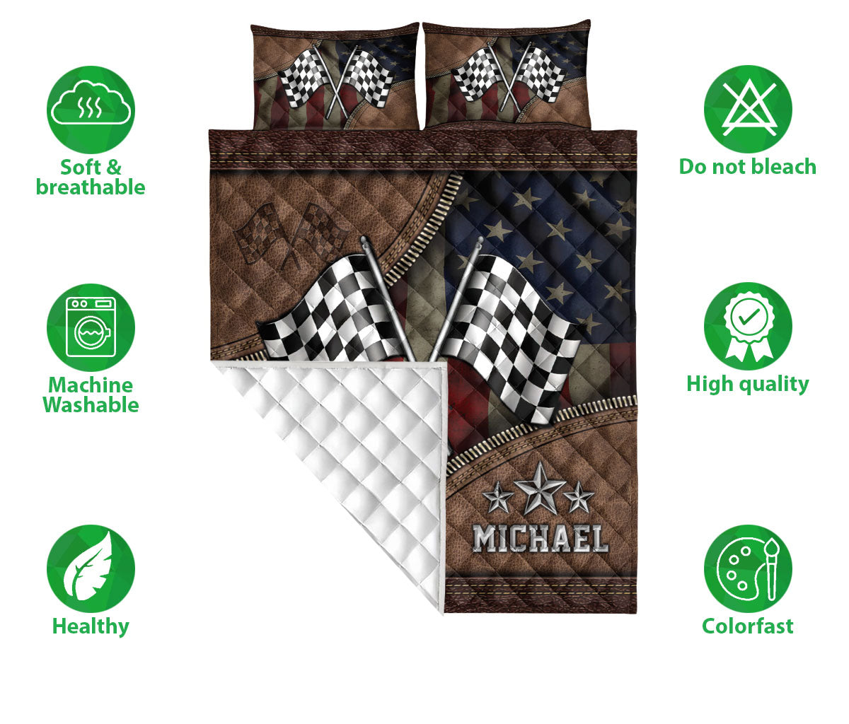 Racing quilt bedding set shown with crossed checkered flags, quilted detail, and product feature icons