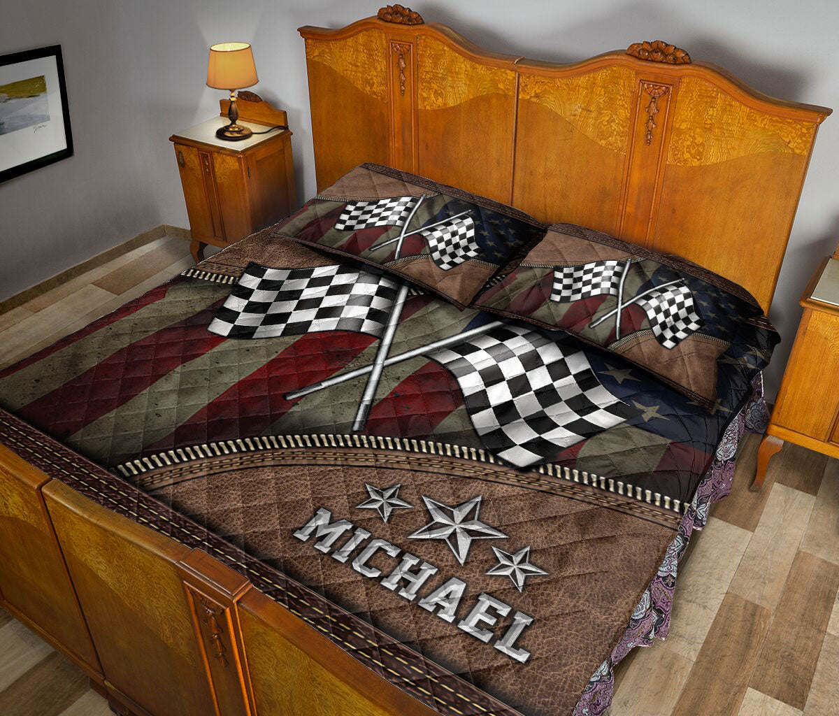 Racing quilt blanket styled in a bedroom with checkered flags and bold patriotic motorsport artwork