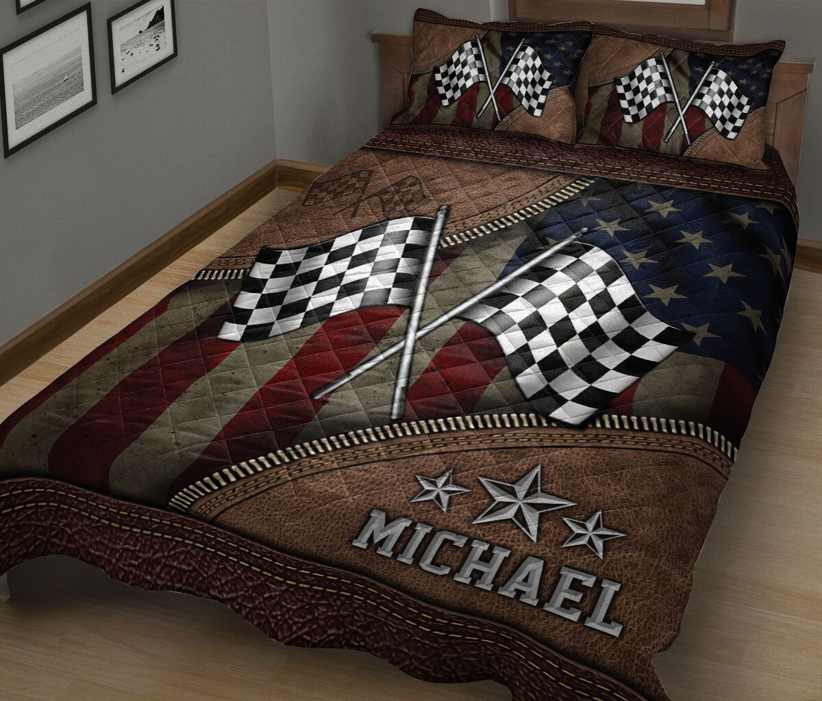 Close bedroom view of a racing quilt blanket featuring waving checkered flags and star accents