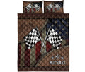Front view of racing quilt bedding with crossed checkered flags, star details, and bold custom design
