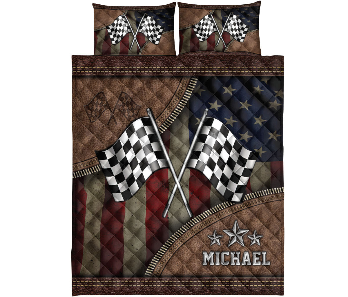 Front view of racing quilt bedding with crossed checkered flags, star details, and bold custom design
