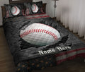 Baseball quilt blanket displayed on a bed with dark stars, distressed stripes, and bold sports artwork