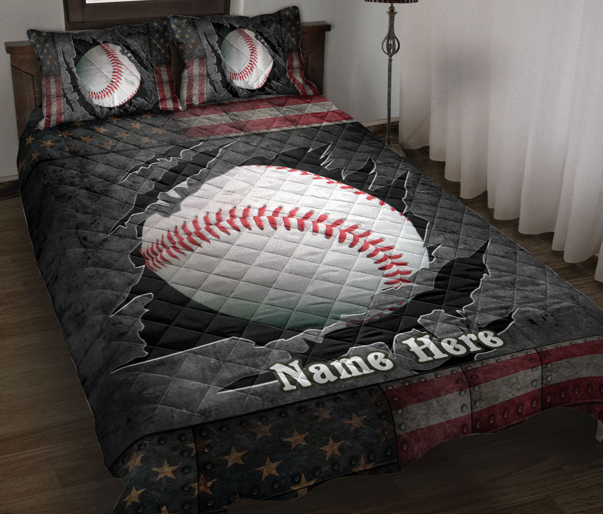 Baseball quilt blanket displayed on a bed with dark stars, distressed stripes, and bold sports artwork