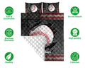 Baseball quilt bedding set shown flat with baseball graphics, dark quilted panels, and patriotic-inspired stripes