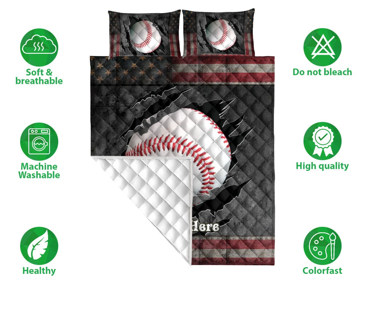 Baseball quilt bedding set shown flat with baseball graphics, dark quilted panels, and patriotic-inspired stripes