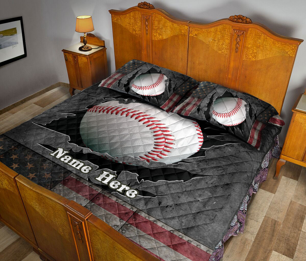 Baseball quilt blanket styled in a bedroom with large baseball artwork and coordinating decorative pillows