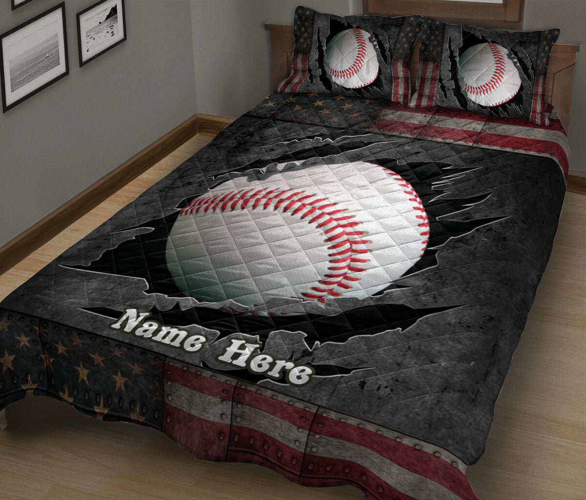 Baseball quilt bedding displayed on a bed with a large baseball graphic, stars, and red, white, and blue accents