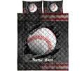 Flat view of baseball quilt bedding set featuring a large baseball graphic and dark distressed sports design
