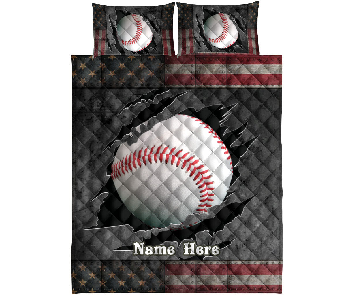 Flat view of baseball quilt bedding set featuring a large baseball graphic and dark distressed sports design