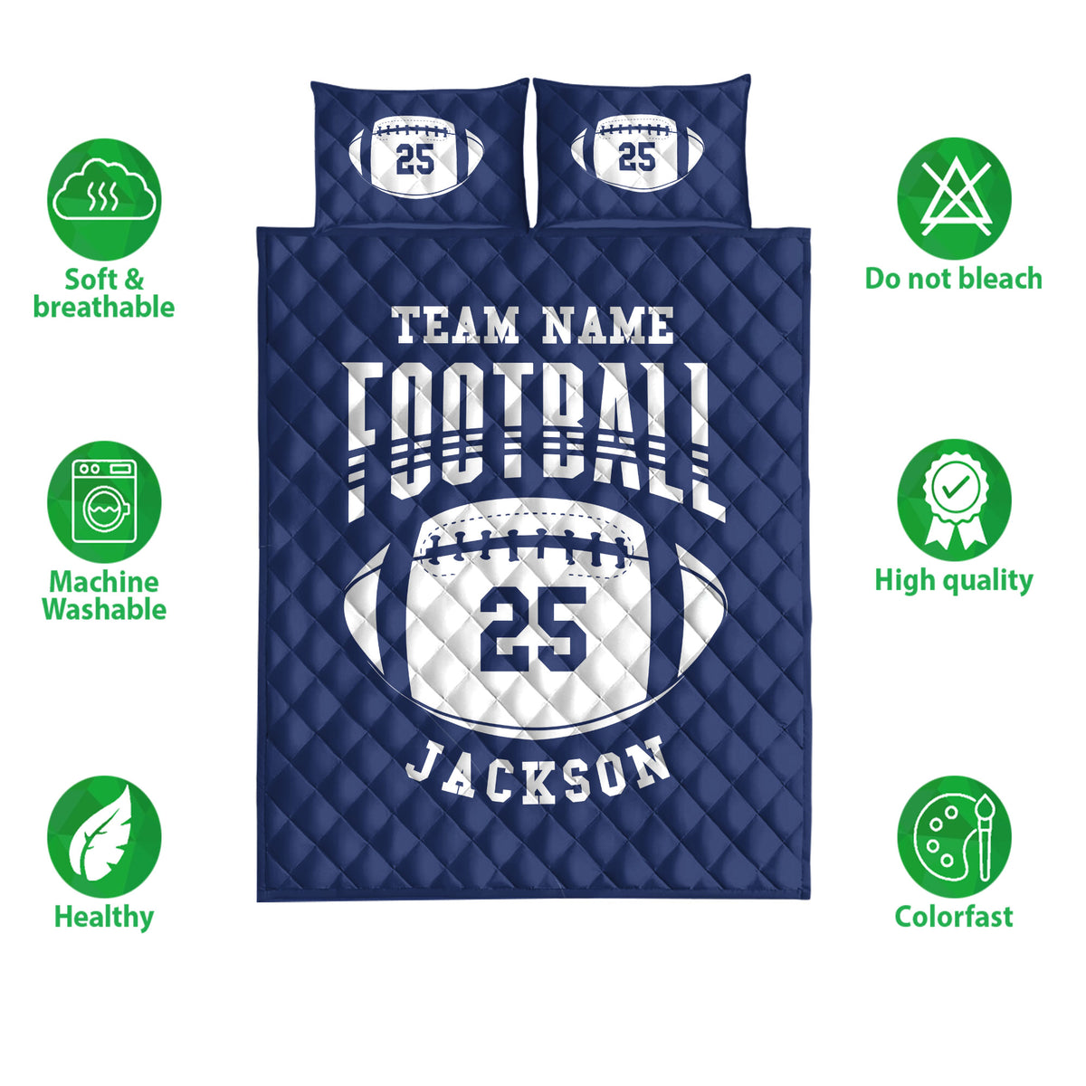 Navy football quilt bedding set shown with soft breathable and colorfast feature icons