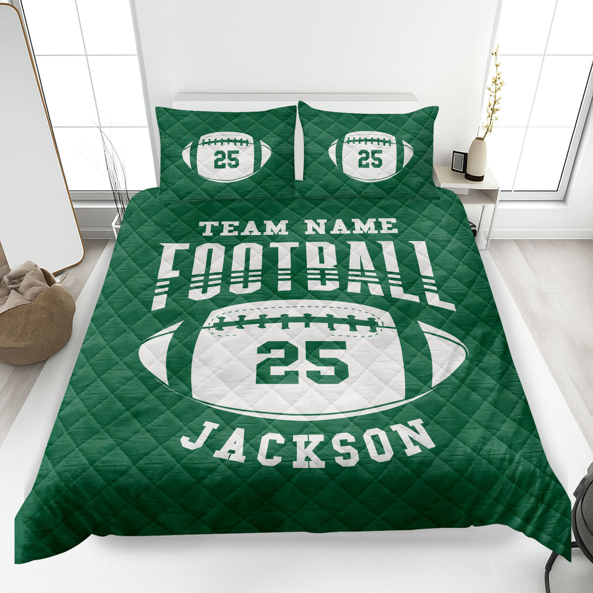 Green football quilt blanket displayed on a bed with matching football pillow designs