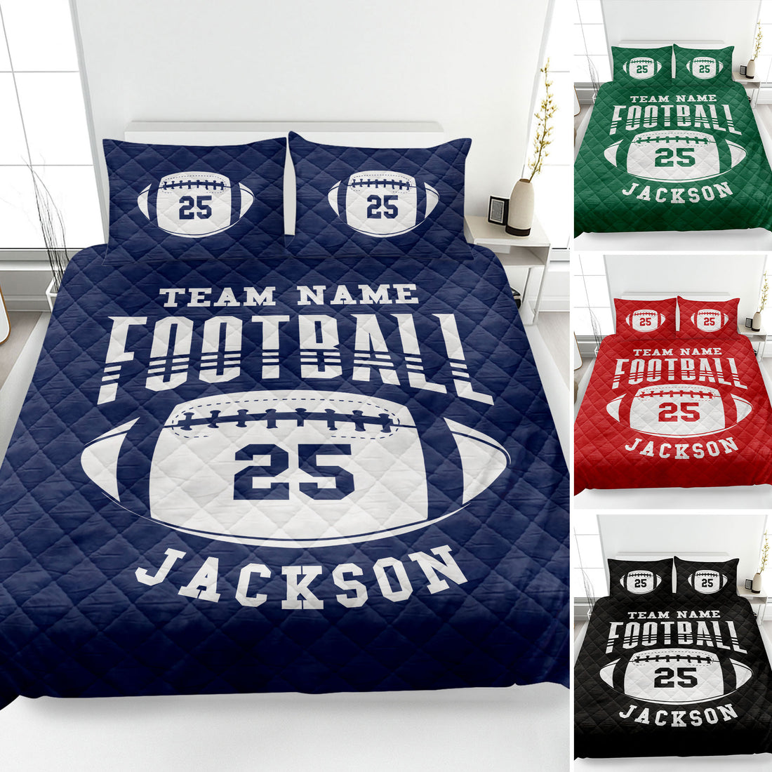 Navy football quilt blanket displayed on a bed with football graphics and coordinating pillow designs