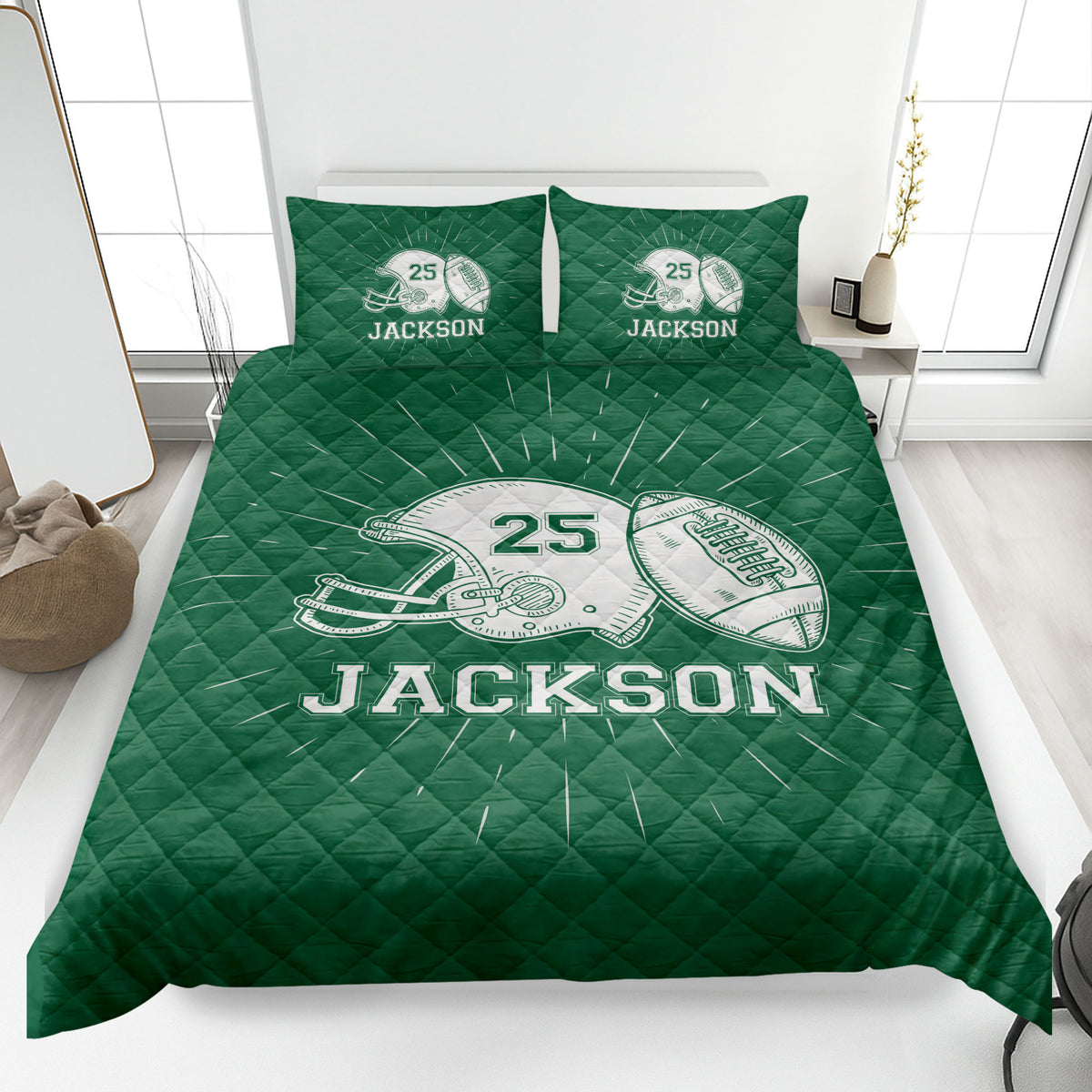 Green football quilt blanket displayed with bold helmet and football sports artwork