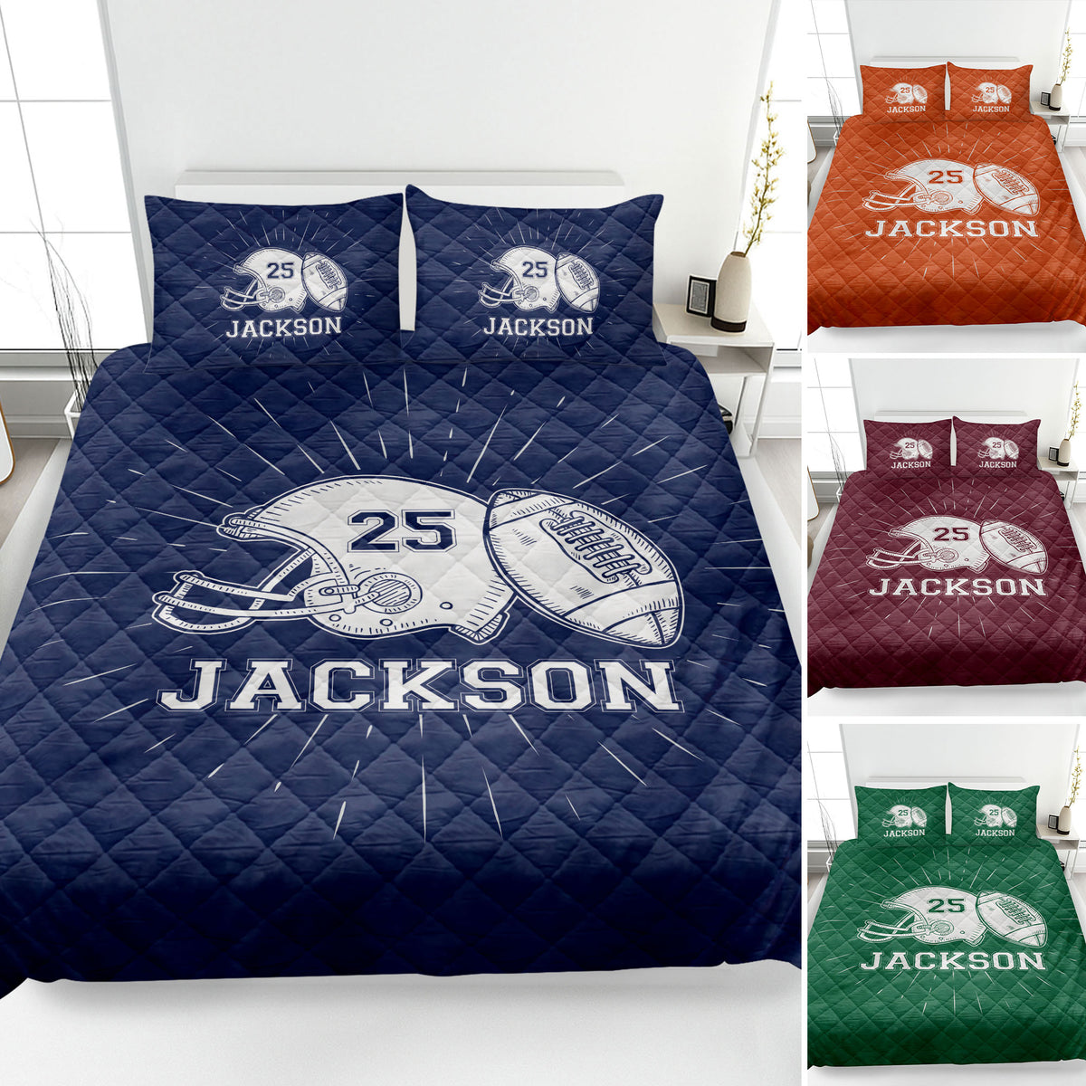 Navy football quilt blanket displayed on a bed with helmet, football, and bold sports artwork