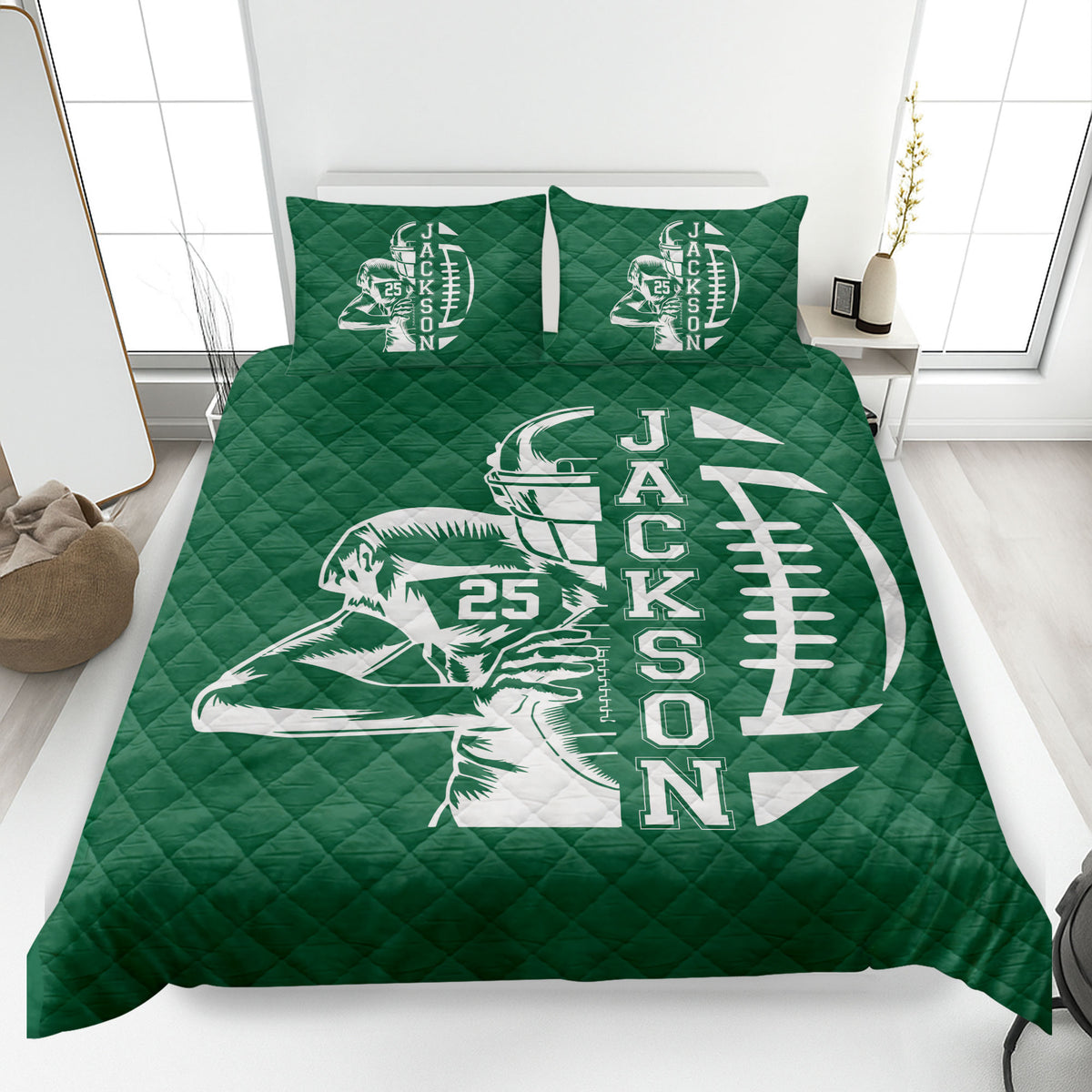 Green football quilt blanket styled in a bedroom with bold player and football graphics