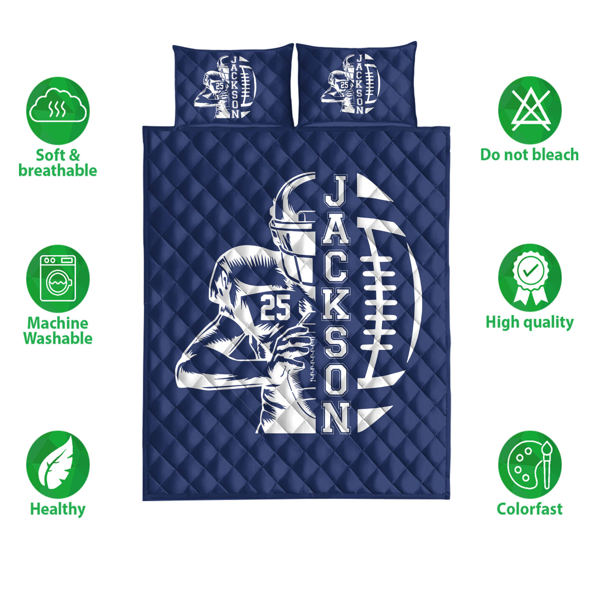 Navy football quilt bedding set shown with quilted texture and care feature icons