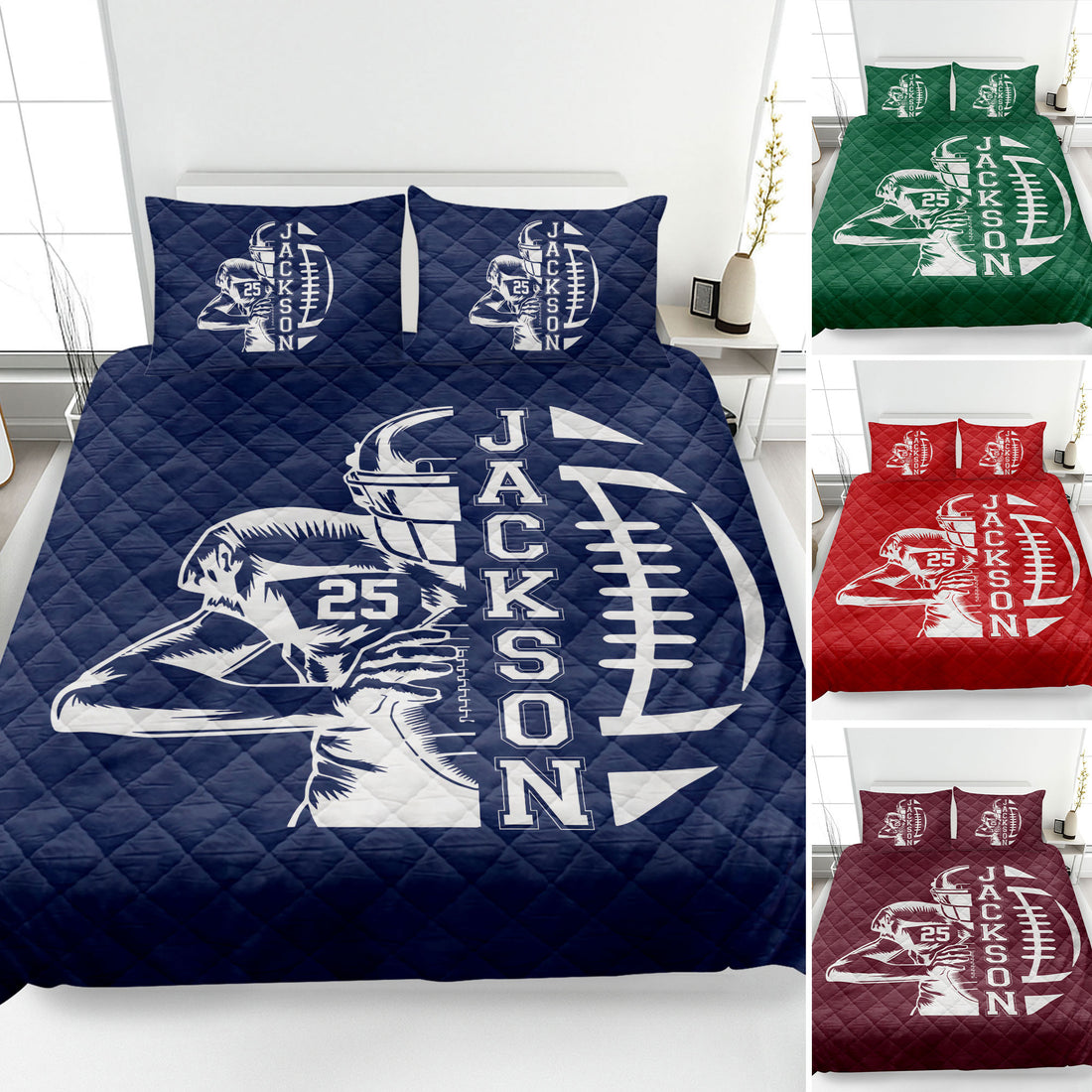 Navy football quilt bedding set displayed on a bed with player, helmet, and football artwork