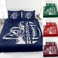 Navy football quilt bedding set displayed on a bed with player, helmet, and football artwork