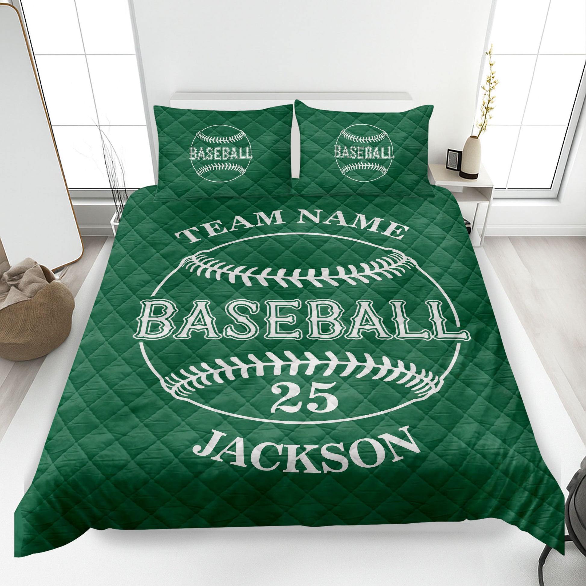 Green baseball quilt blanket featuring large baseball artwork in a bedroom setting