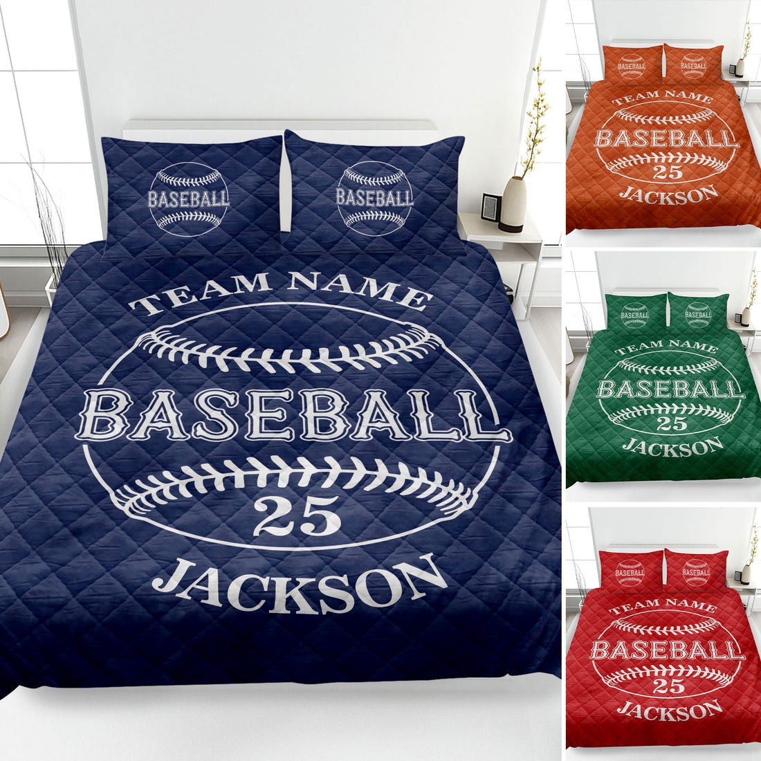 Navy baseball quilt blanket displayed on a bed with baseball artwork and coordinating pillow designs