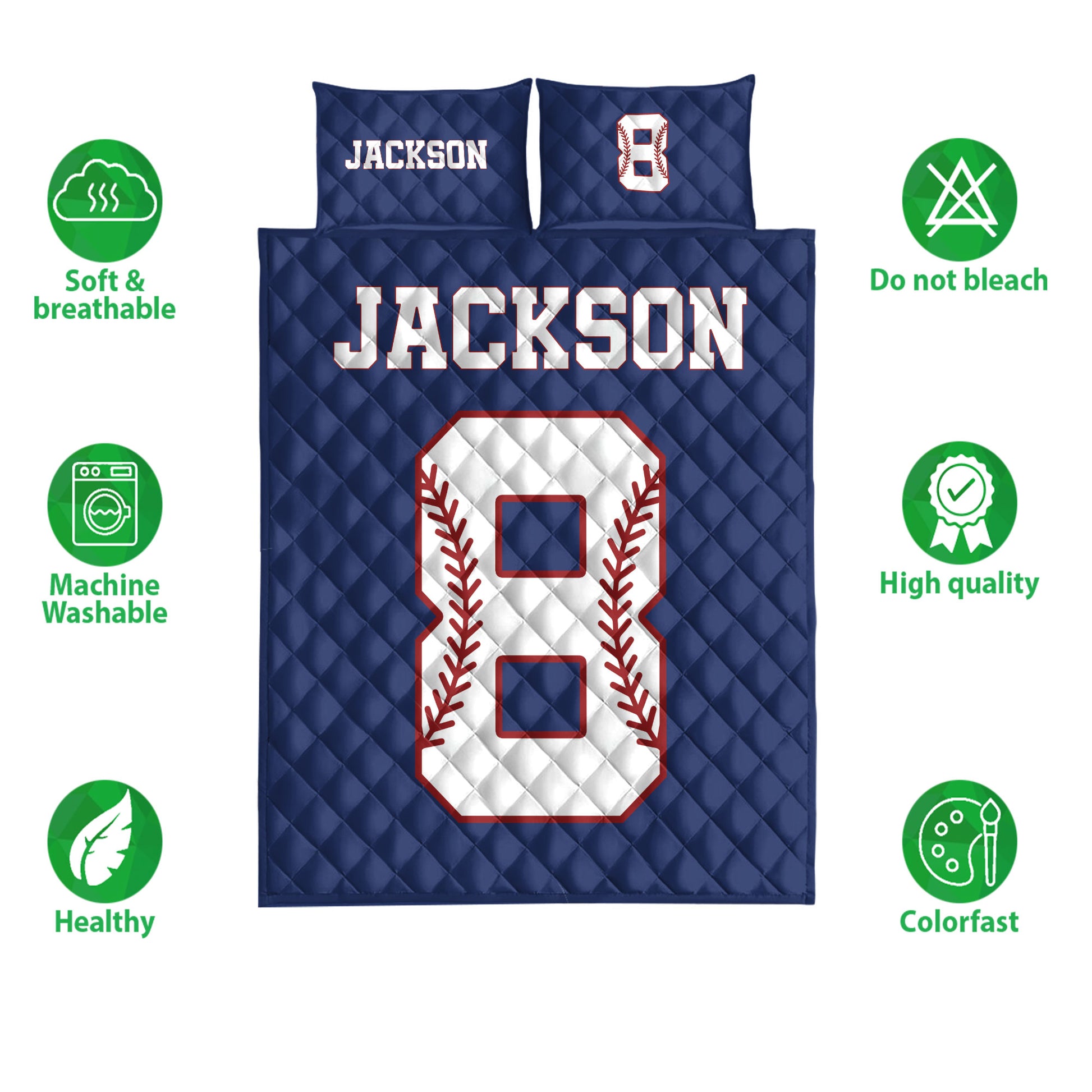 Baseball quilt blanket feature presentation showing soft breathable bedding, colorfast print, and machine washable design