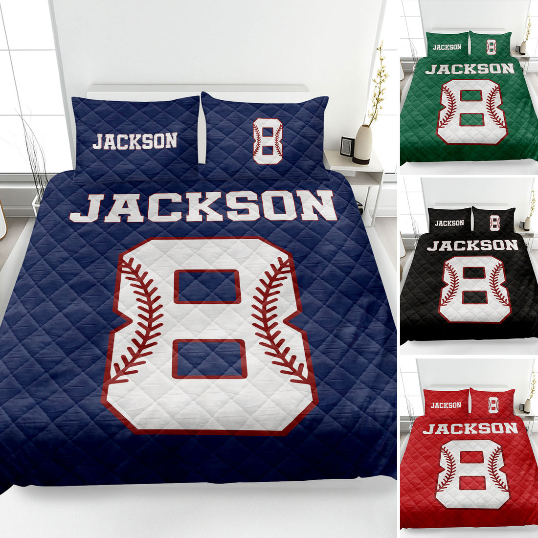Baseball quilt blanket displayed on a bed with varsity-style artwork and blue, green, black, and red color options