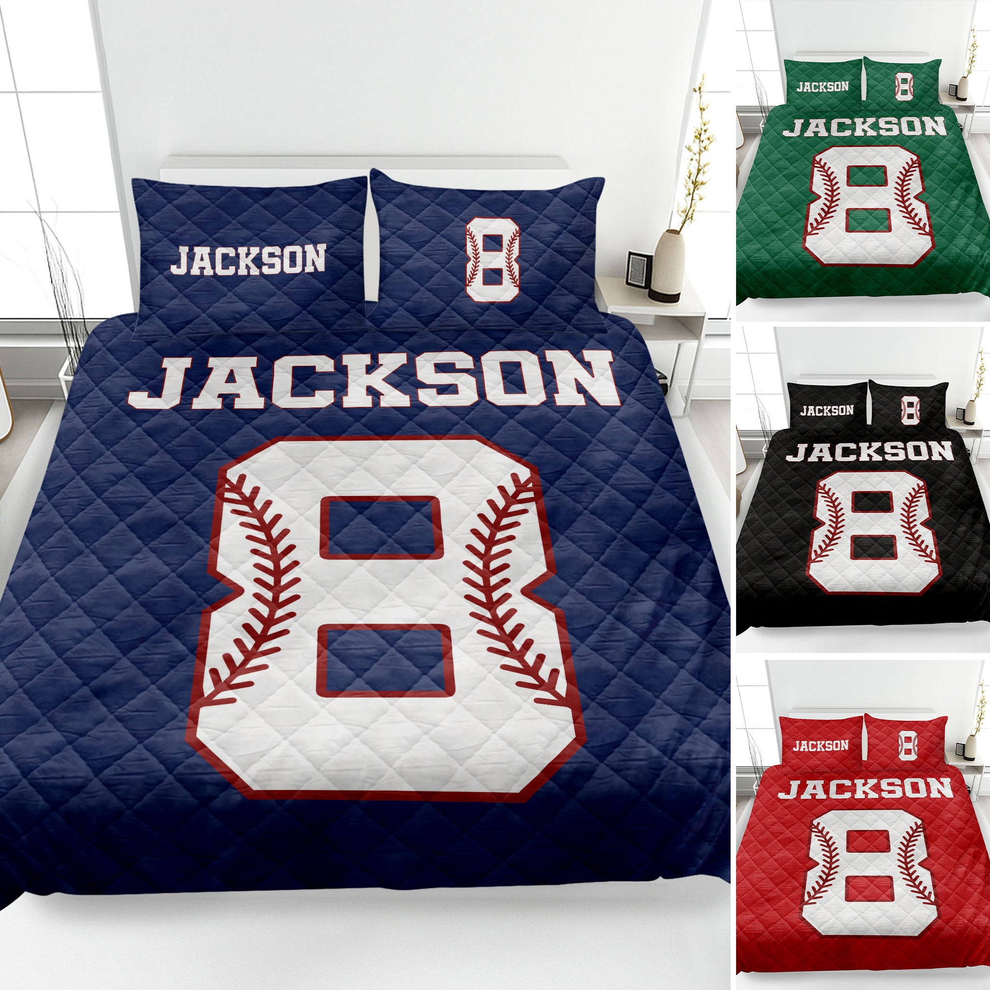 Baseball quilt blanket displayed on a bed with varsity-style artwork and blue, green, black, and red color options