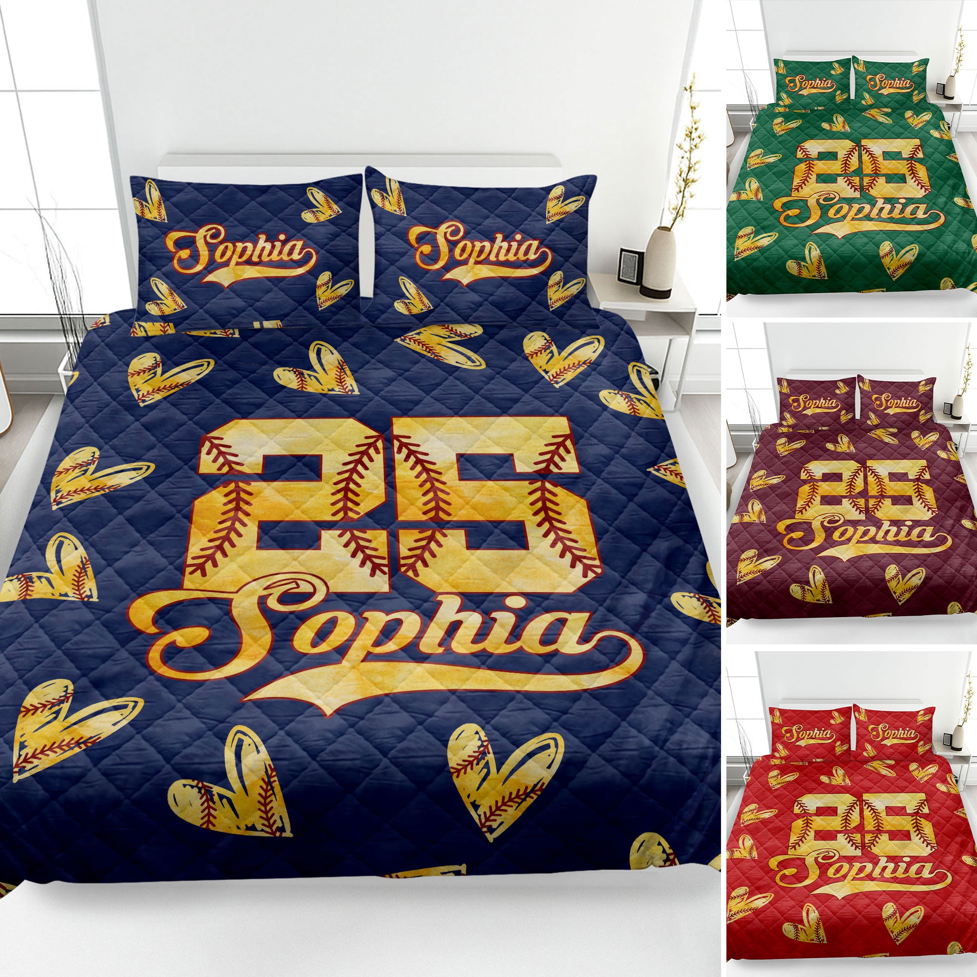 Softball quilt blanket displayed on a bed with stitched softball hearts, bold sports artwork, and color variations