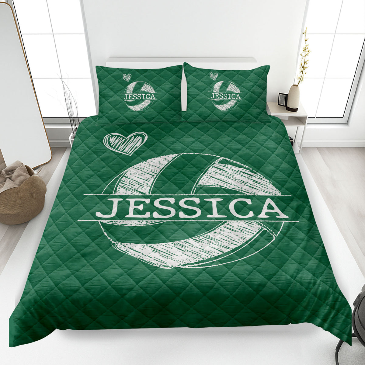 Green volleyball quilt blanket spread across a bedroom bed with bold white sports artwork