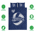 Navy volleyball quilt bedding shown with soft breathable, washable, and colorfast feature icons