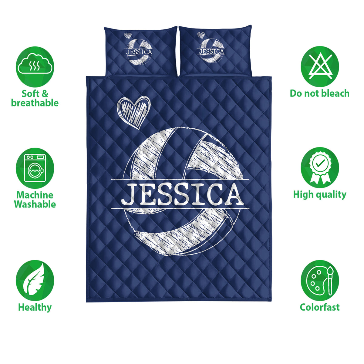 Navy volleyball quilt bedding shown with soft breathable, washable, and colorfast feature icons