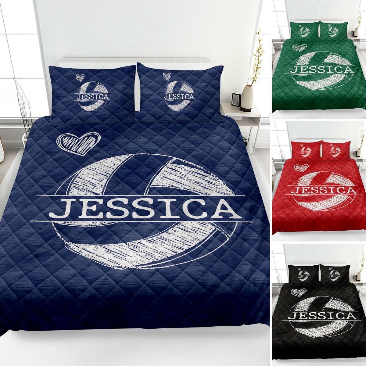 Navy volleyball quilt bedding displayed on a bed with heart accents and multiple color options