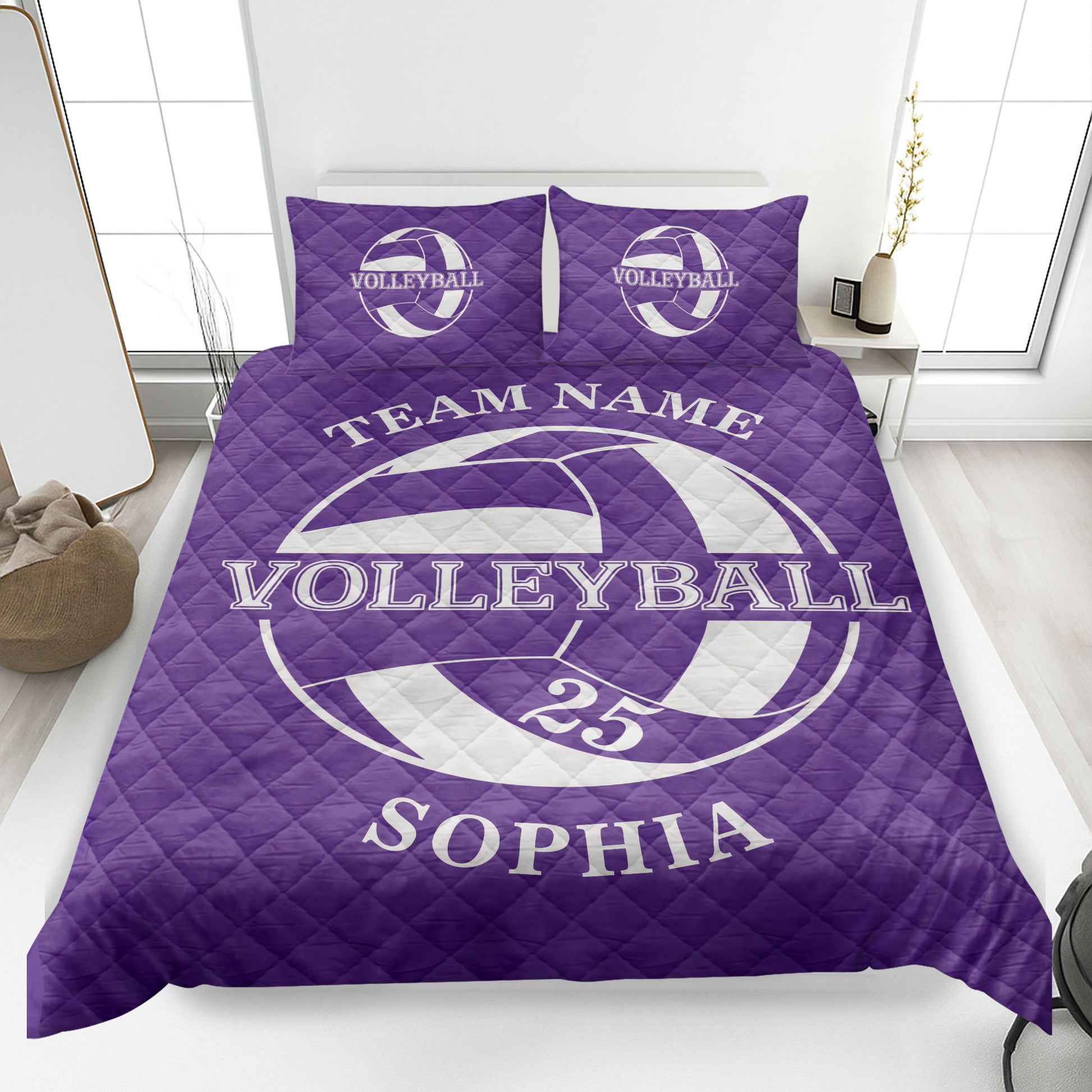 Purple volleyball quilt bedding set featuring a large white volleyball graphic and athletic bedroom theme
